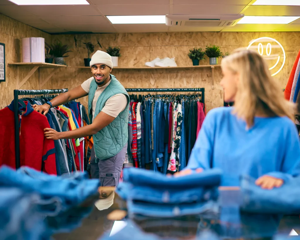 Couple Or Sales Assistants Working Or Looking At Clothes In Pop Up Fashion Store
