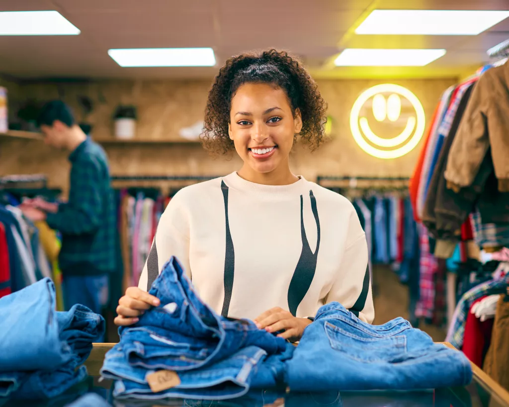 Retrato de una asistente de ventas o clienta organizando existencias de jeans en una tienda de moda o ropa.