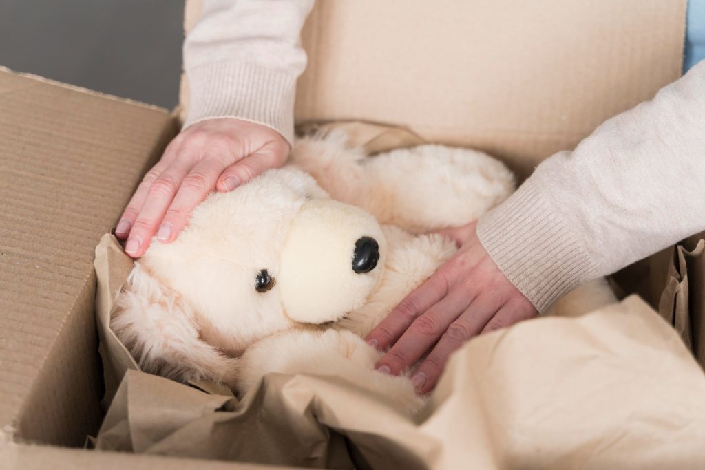 Caja con un oso de peluche